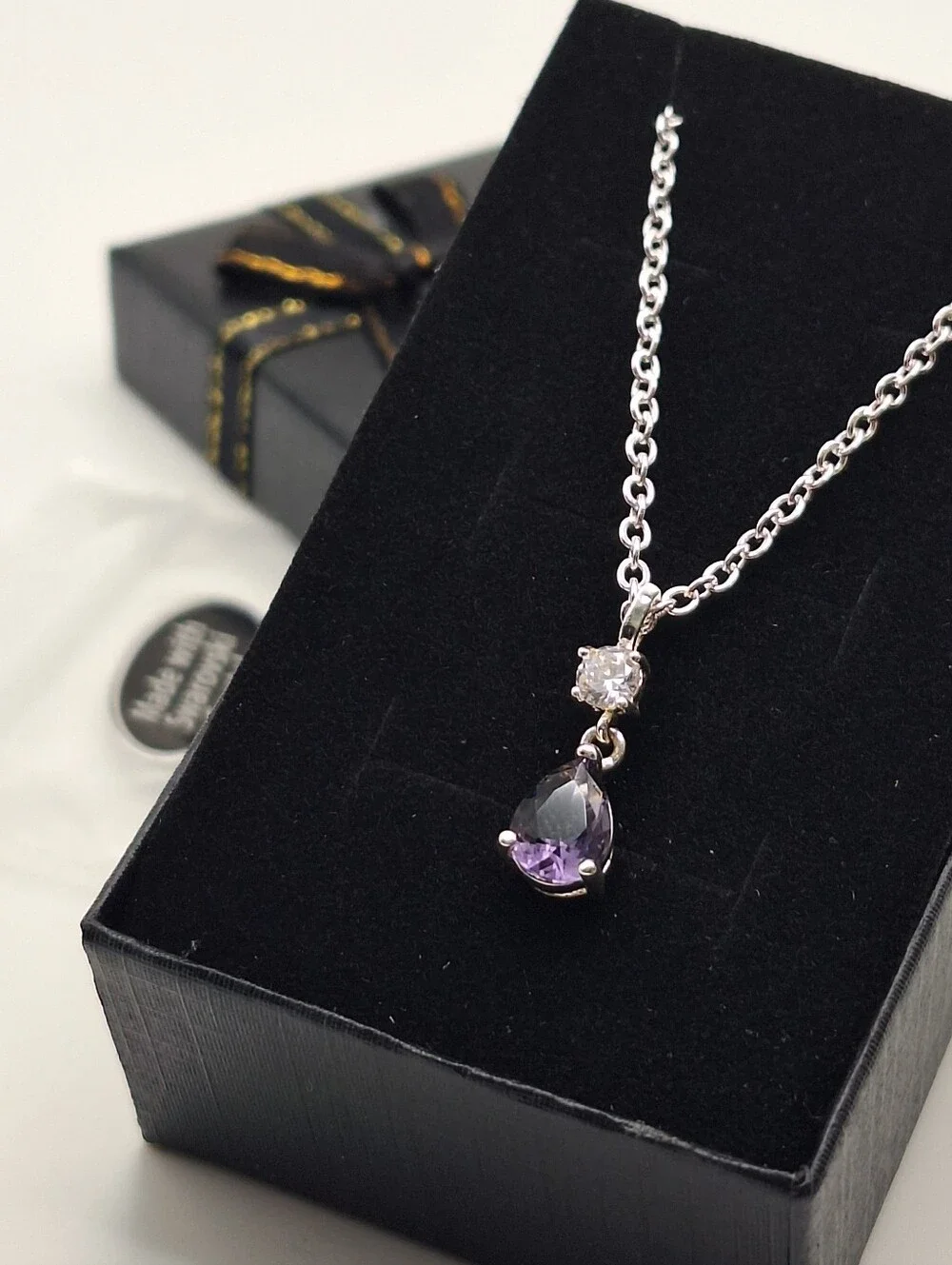 Swarovski NWT Purple Teardrop Crystal Silver Tone Pendant Necklace